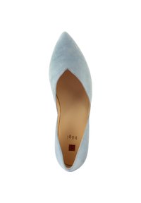 Light blue suede pump with a pointed toe and low-cut sides. Smooth texture, minimalist design, features a branded insole and square logo accent.