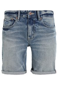 Mid-wash blå denimshorts med uppvikt fåll, framknäppning med knapp och dragkedja, bälteshällor och femficksdesign.