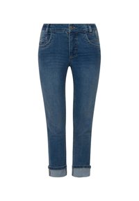 Farkkuhousut keskitummassa sinisessä sävyssä, joissa on suora leikkaus, käärityt lahkeet ja etutaskut hillityillä ompeluyksityiskohdilla.