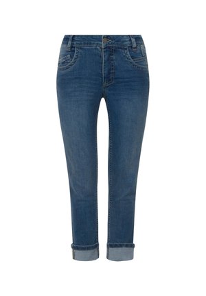 Farkkuhousut keskitummassa sinisessä sävyssä, joissa on suora leikkaus, käärityt lahkeet ja etutaskut hillityillä ompeluyksityiskohdilla.