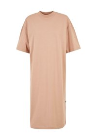 Robe beige ample, manches courtes, longueur genoux, avec encolure ronde et détails minimalistes sur fond blanc.