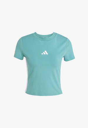 Tento krátky rukáv teal tričko je vyrobené z bavlny, s bielym logom Adidas na hrudi a bielymi bočnými pruhmi pozdĺž švov.