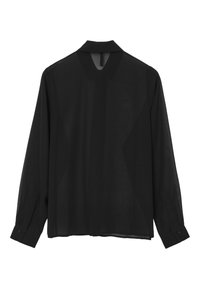 Camicia nera trasparente a maniche lunghe con colletto, caratterizzata da un taglio dritto, polsini con bottoni e una texture leggermente traslucida.