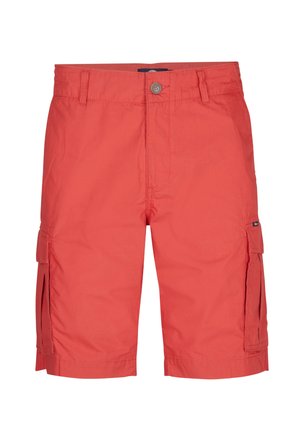 Shorts cargo rouges en tissu léger, avec des poches latérales, une fermeture à bouton et un design à l'avant plat.
