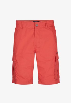 Rode cargoshorts van lichtgewicht stof, met zijzakken, een knoopsluiting en een vlakke voorkant.