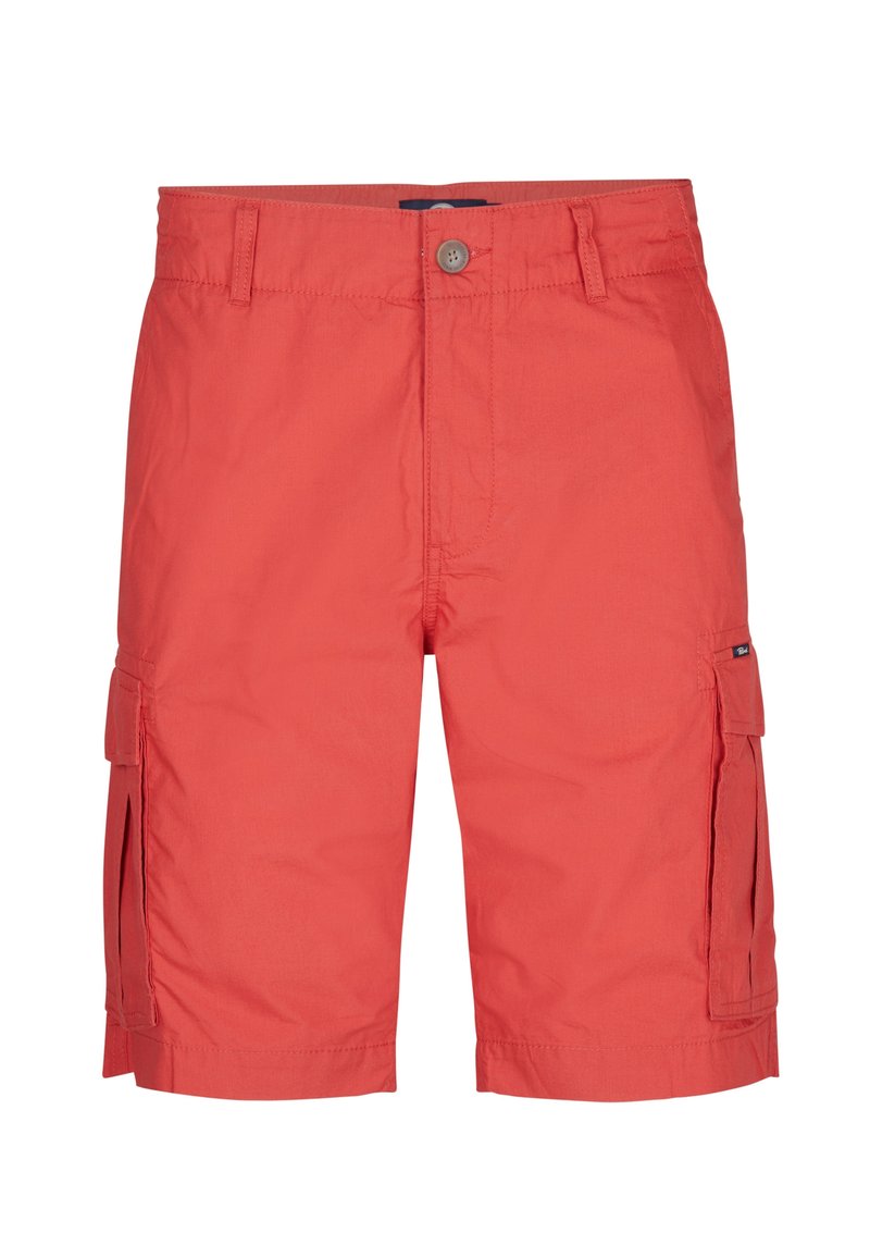 Shorts cargo rouges en tissu léger, avec des poches latérales, une fermeture à bouton et un design à l'avant plat.