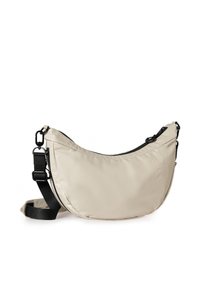 Beige Nylon Schultertasche mit kurvenförmiger Silhouette. Mit einem schwarzen Reißverschluss, verstellbarem Trageriemen und Logodetail an der Seite. Glatte Textur.