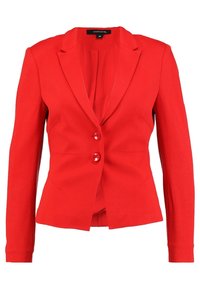 Blazer rouge ajusté en tissu lisse, doté d'un col cranté, d'une fermeture à deux boutons et de manches longues à la coupe ajustée.