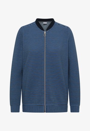 Blauer Bomberjacke mit Reißverschluss, die horizontale Streifen in verschiedenen Schattierungen, einen gerippten Kragen und Bündchen sowie silberne Reißverschluss-Details aufweist.