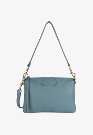 Blauwe leren schoudertas met ritssluiting, goudkleurige hardware en een afneembare schouderband. Gelaagd oppervlak met een logo accent.