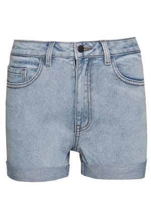 Lyseblå denimshorts med op-rullede kanter, knaplukning foran, bæltestropper og forlommer samt lille møntlomme.