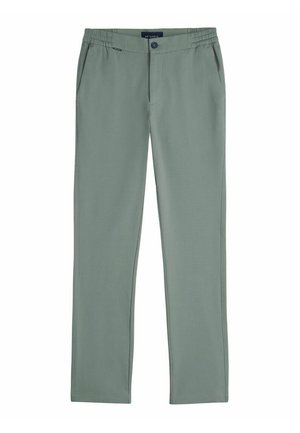 Pantalon droit pour homme vert clair avec ceinture élastique, fermeture par bouton et poches latérales.