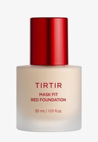 Flacon de fond de teint avec une base en verre givré, un capuchon rouge et une étiquette blanche affichant le nom du produit et sa taille. Texture lisse, 30 ml.