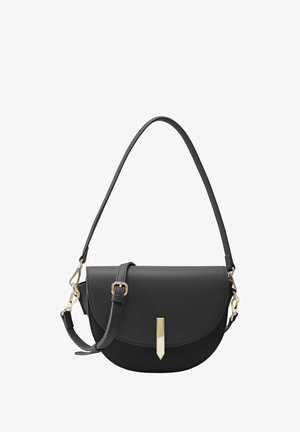 Black leather handbag with a rounded shape, gold hardware, a smooth flap, and a detachable strap for versatile wear.