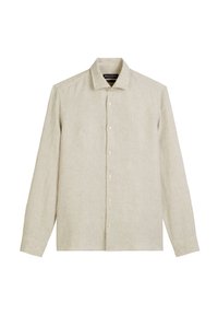 Chemise en lin beige à manches longues avec un col pointu, fermeture à boutons sur le devant et une texture légère. Pas de motifs ni d'accents visibles.