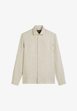 Beżowa lniana koszula z długim rękawem i ostrym kołnierzykiem, z zapinaniem na guziki z przodu oraz lekką teksturą materiału. Brak widocznych wzorów lub akcentów.