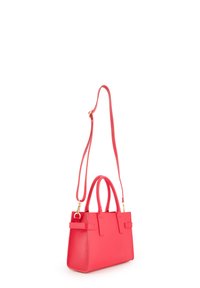 Fuchsia pink handbag with dual handles, textured leather, and a detachable shoulder strap. Features gold hardware and a structured design.