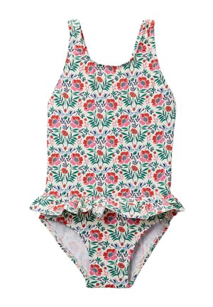 Maillot de bain une pièce avec bretelles et taille à volants, présentant un motif floral coloré avec des feuilles rouges, roses et vertes sur fond blanc.