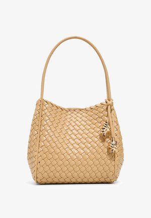Beige woven leather handbag with single rounded handle and two gold knot-shaped metal accents on one side.