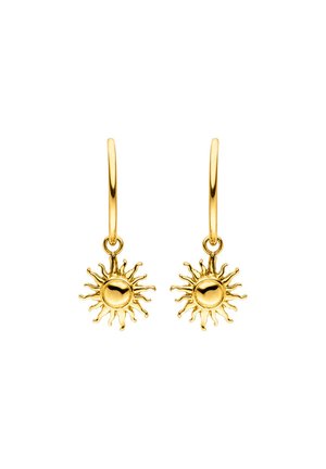 Goldohrringe mit sonnnenförmigen Anhängern, die eine glatte zentrale Kugel und strahlende, strukturierte Strahlen aufweisen. Einfaches Hoop-Design zur Befestigung.