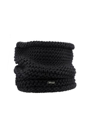 Black chunky knit neck warmer with a small silver brand tag on the front, designed for cold weather.