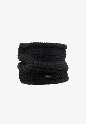 Black chunky knit neck warmer with a small silver brand tag on the front, designed for cold weather.