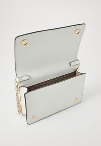 Light gray vegan leather handbag with a smooth texture, gold-tone hardware, and a chain strap. Interior features a brown compartment.