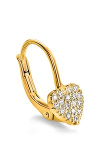 Gold clasp earring with heart-shaped front adorned with multiple small clear gemstones on a white background.