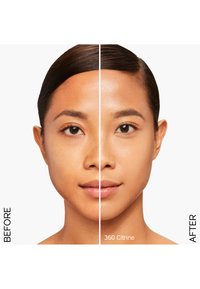 Halvansikts sammenligning: venstre side med naturlig hudtone og synlige blemishes; høyre side glattere med jevn, strålende finish, merket "360 Citrine."