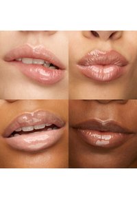 Fire nærbilleder af forskellige læber iført blank, nøgen læbepomade i forskellige nuancer og naturlige læbeformer.