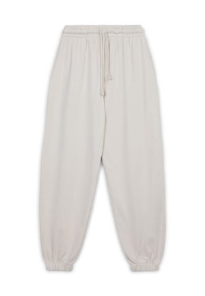 Hellebeige Jogginghosen mit elastischem Bund, verstellbarem Kordelzug und elastischen Bündchen an den Knöcheln; glatte Textur, keine Muster.