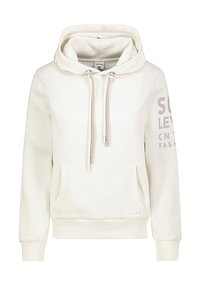 Cremefarbener Hoodie aus weichem Material, ausgestattet mit einer Vorderentasche, Zugband und einem Textdesign auf dem Ärmel. Gerippte Bündchen und Saum.