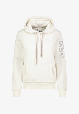 Cremefarbener Hoodie aus weichem Material, ausgestattet mit einer Vorderentasche, Zugband und einem Textdesign auf dem Ärmel. Gerippte Bündchen und Saum.