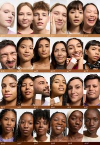 Una cuadrícula de rostros diversos con diferentes tonos de piel, mostrando maquillaje natural. Cada persona exhibe expresiones y posturas únicas, algunas sosteniendo productos.