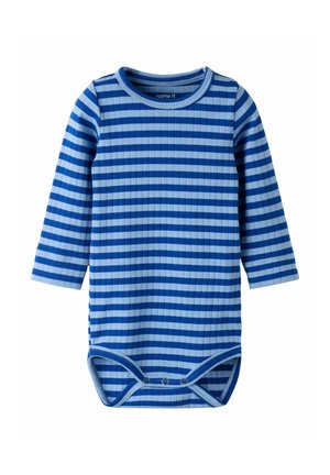 Niebieskie body niemowlęce z długim rękawem, z poziomymi ciemnoniebieskimi i jasnoniebieskimi paskami oraz zatrzaskami w kroku.