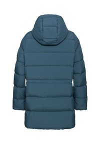 Giacca bomber teal con cappuccio, caratterizzata da un design trapuntato e cuciture orizzontali. Il materiale sembra liscio e isolato.