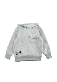 Sweat à capuche gris en coton avec une poche avant, des poignets et un ourlet côtelés. Comprend un patch logo et une capuche avec cordon de serrage. Texture douce et lisse.