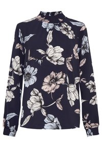 Blumenbluse aus dunkelblauem Stoff mit langen Ärmeln, hohem Rüschkragen und elastischen Bündchen; enthält hellfarbene Blumenmuster und Blätter.