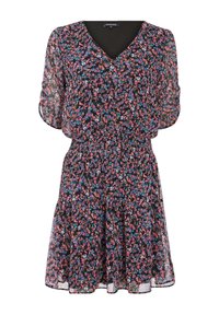 Schwarzes Blumenmusterkleid mit V-Ausschnitt, transparentem Stoff, kurzen Ärmeln, geraffter Taille und gehäkeltem Saum mit mehrfarbigen Blumenmustern.