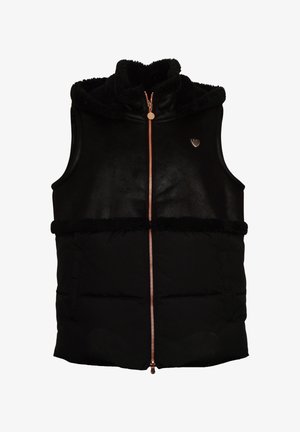 Zwarte vest met een ritssluiting aan de voorkant, gevoerd met bont bij de capuchon en van een gestructureerde stof. Voorzien van een horizontaal bontpaneel en een klein embleem op de borst.