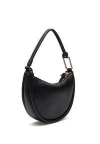 Borsa a tracolla nera in similpelle dalla forma curvata, dotata di una singola tracolla regolabile e un accento in hardware dorato. Texture liscia.
