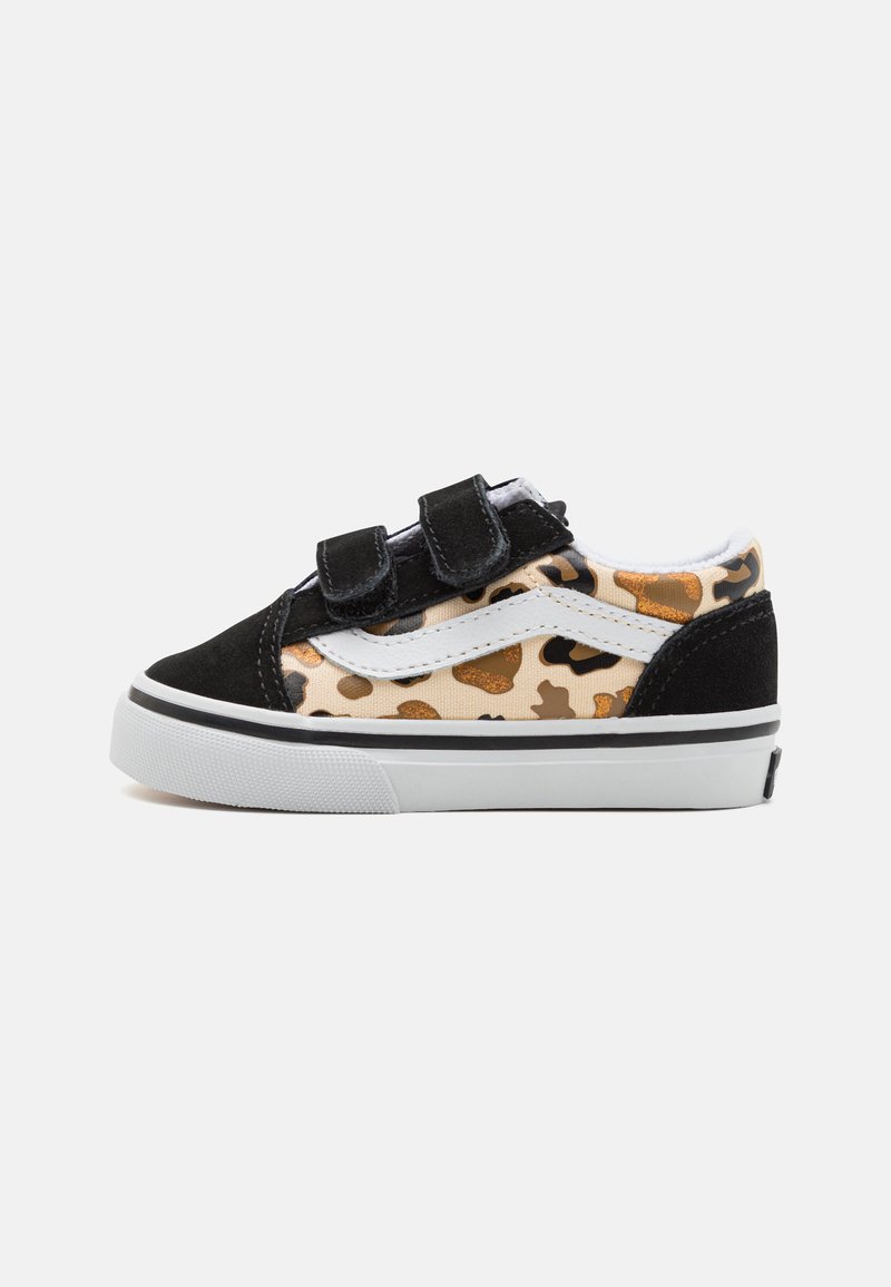 Must vald ja tan värvi laste sneakerid leopardimustriga aksendiga, kahekordse Velcro rihmaga, valge vaheplaadiga ja tekstureeritud kummipõhjaga.