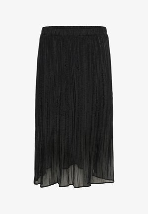 Schwarzer plissierter Rock mit elastischem Bund, aus leichtem, durchscheinendem Stoff, mit vertikaler Textur und fließendem Design.