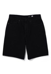 Shorts en denim noir avec une coupe droite, cinq poches, rivets métalliques et fermeture à bouton. Texture lisse et design minimal.