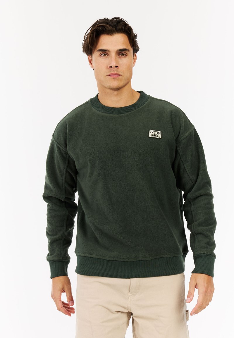 Donkergroene fleece sweatshirt met een geribde ronde hals en boorden, voorzien van een klein logo-label op de linkerborst. Gladde textuur.