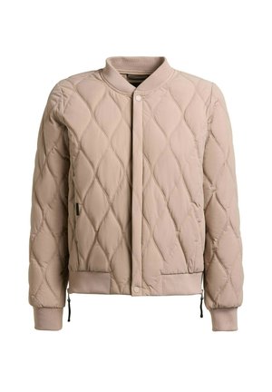 Lysebeige quiltet jakke med diamantformede sømme, ribbet krave, manchetter og kant, forreste trykknapper og sidelommer med lynlåse.