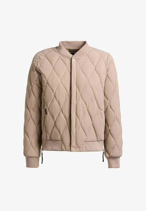 Lysebeige quiltet jakke med diamantformede sømme, ribbet krave, manchetter og kant, forreste trykknapper og sidelommer med lynlåse.