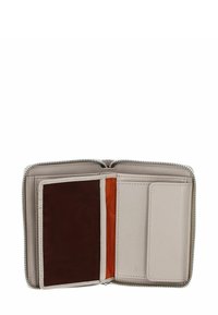 Portefeuille zippé en cuir beige clair. L'intérieur comprend une poche accentuée orange, un emplacement pour carte transparent et une finition texturée lisse.