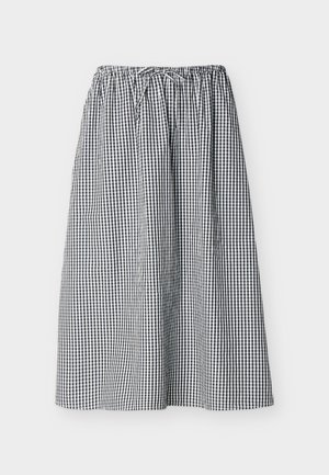 Μίντι φούστα με ασπρόμαυρο καρό σχέδιο gingham, με ελαστική μέση και κορδόνι, με ρυτιδωτό ύφασμα για άνετη εφαρμογή.