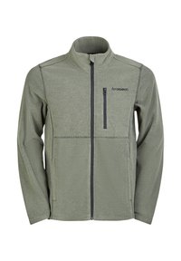 Fleece jacket in olive green with a high collar, front zipper, and two side pockets. Features a chest pocket with a black zipper and logo.